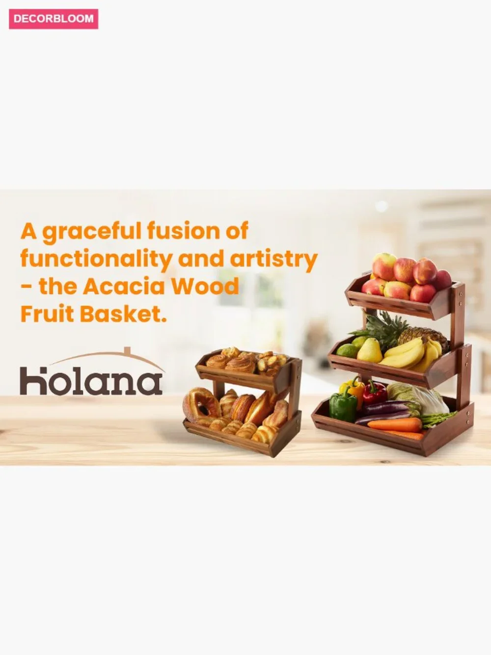 2-Tier Acacia Wood Fruit Basket for Kitchen Counter Storage